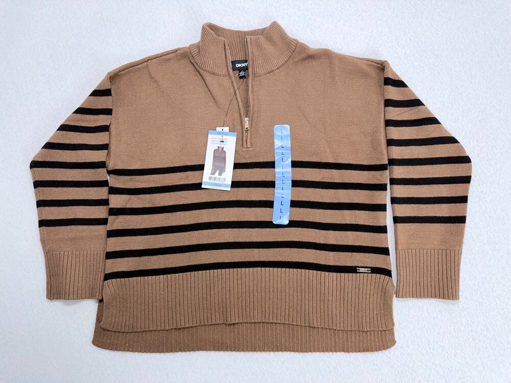 DKNY Women's Quarter-Zip Sweater Long Sleeved Size L Brown / Black